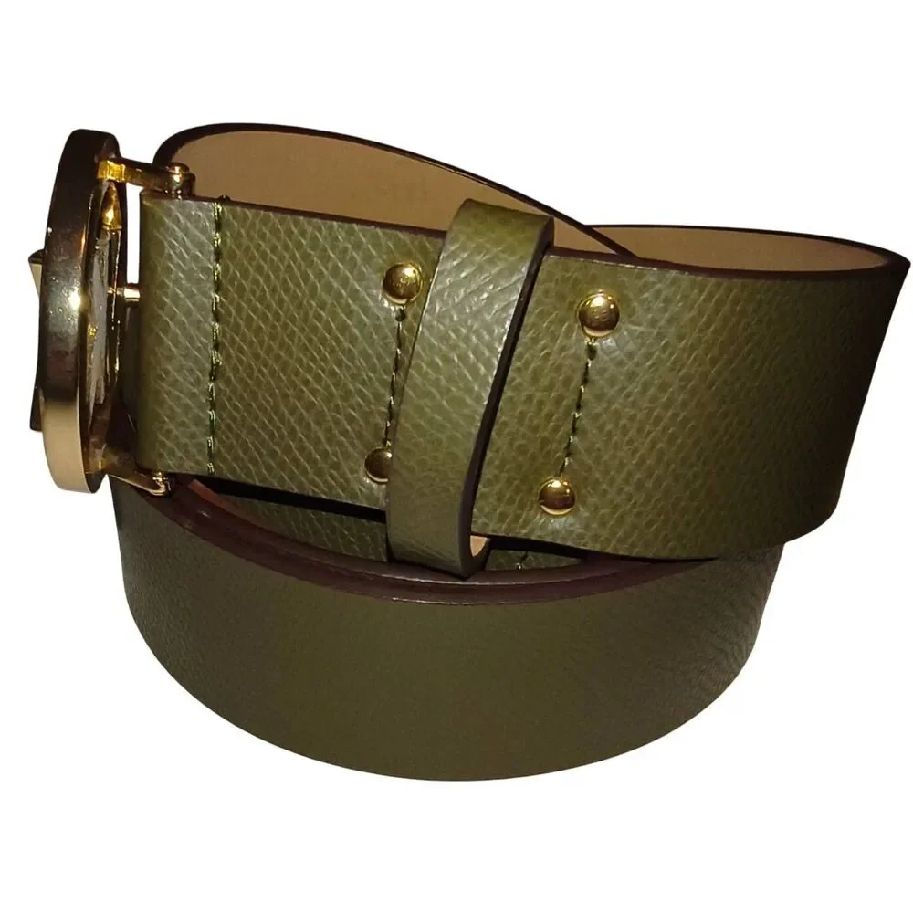 Michael Kors Belt Women Size XL Green Genuine Leather Classic MK Logo Gold toned